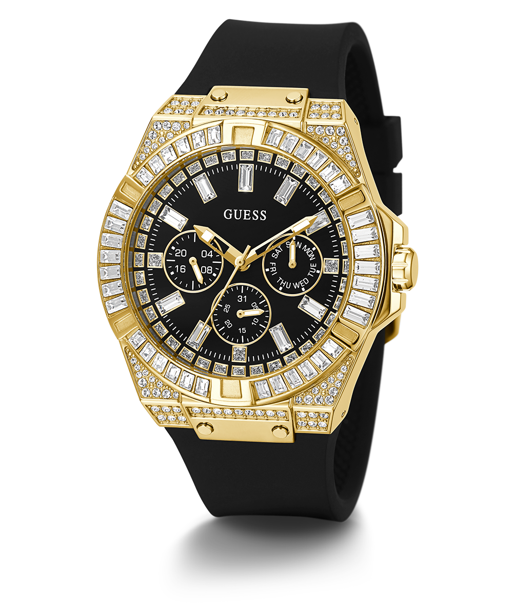 GUESS Mens Black Gold Tone Multi-function Watch