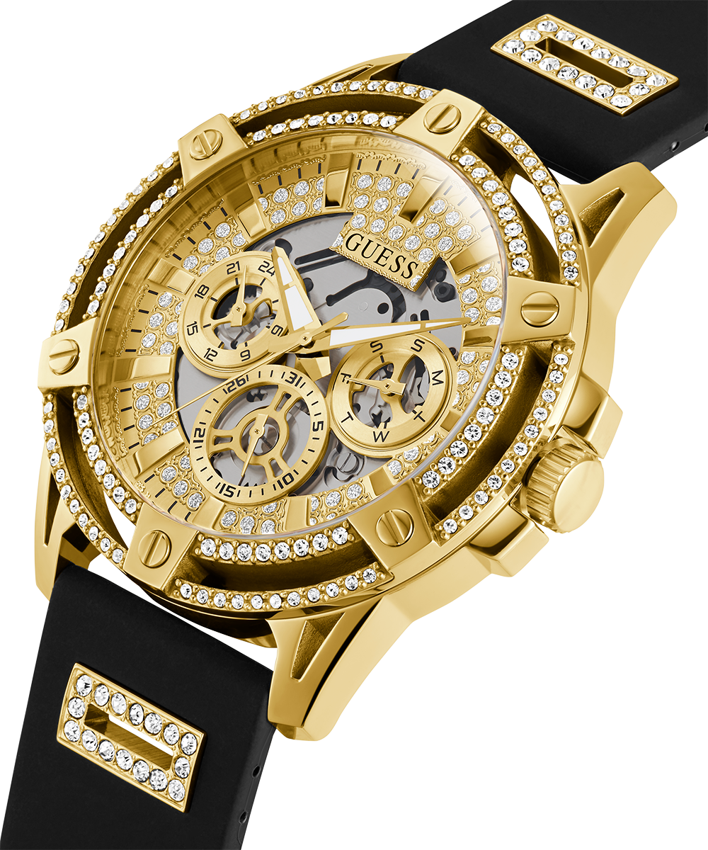 GUESS Mens Black Gold Tone Multi-function Watch