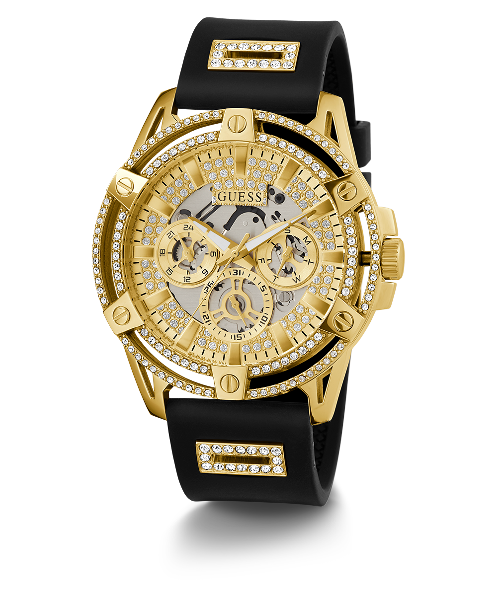 GUESS Mens Black Gold Tone Multi-function Watch