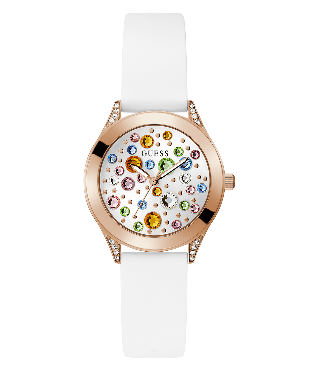 GUESS Ladies White Rose Gold Tone Analog Watch