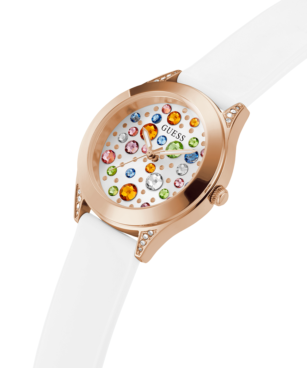 GUESS Ladies White Rose Gold Tone Analog Watch