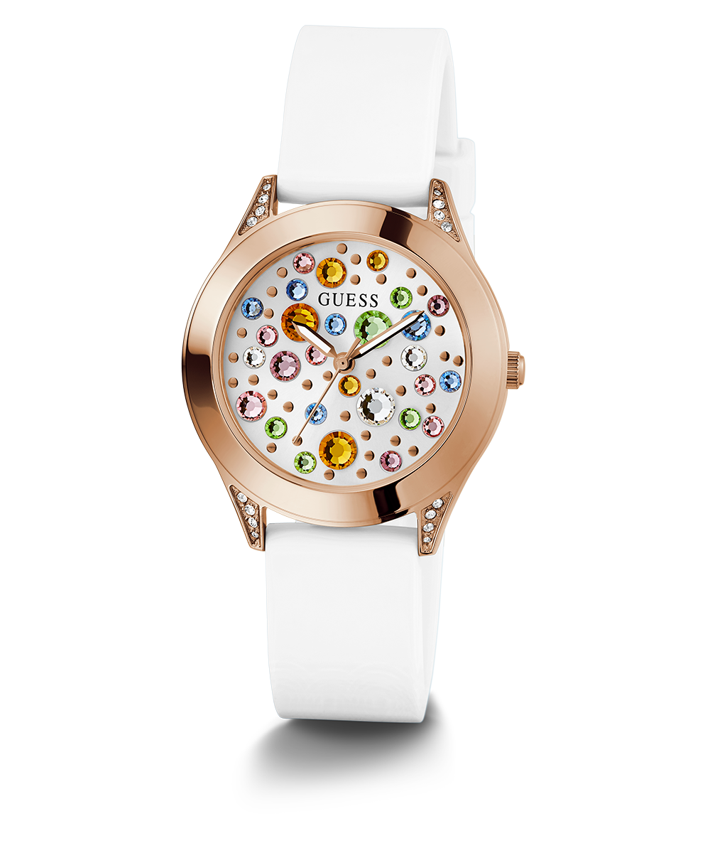 GUESS Ladies White Rose Gold Tone Analog Watch
