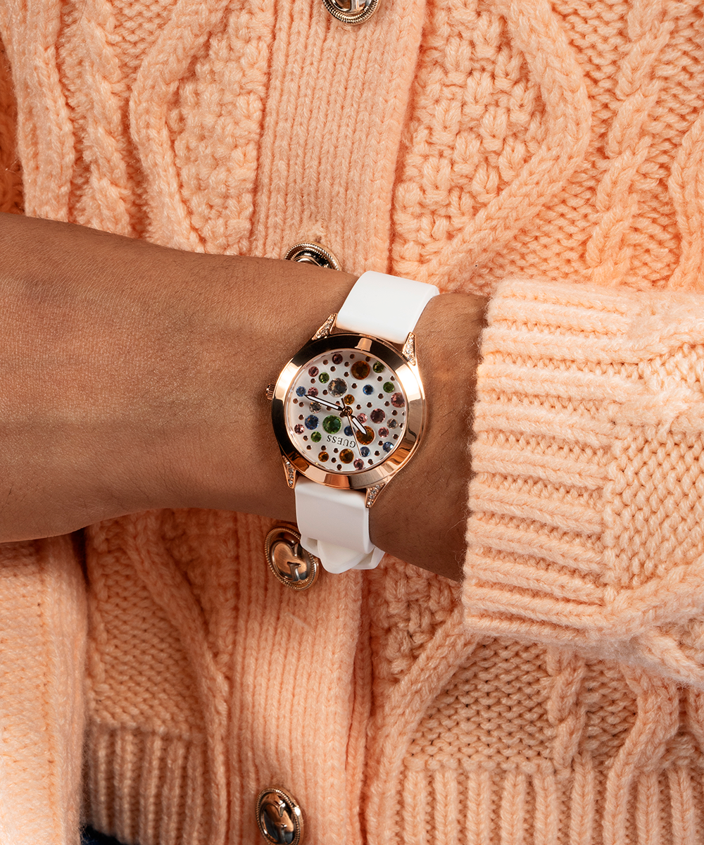 GUESS Ladies White Rose Gold Tone Analog Watch