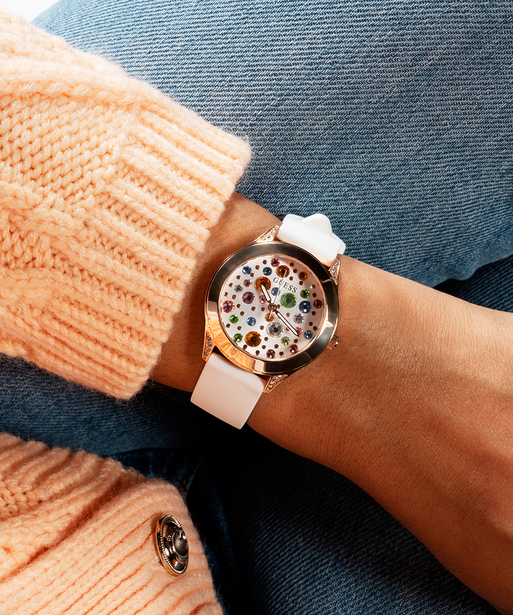 GUESS Ladies White Rose Gold Tone Analog Watch