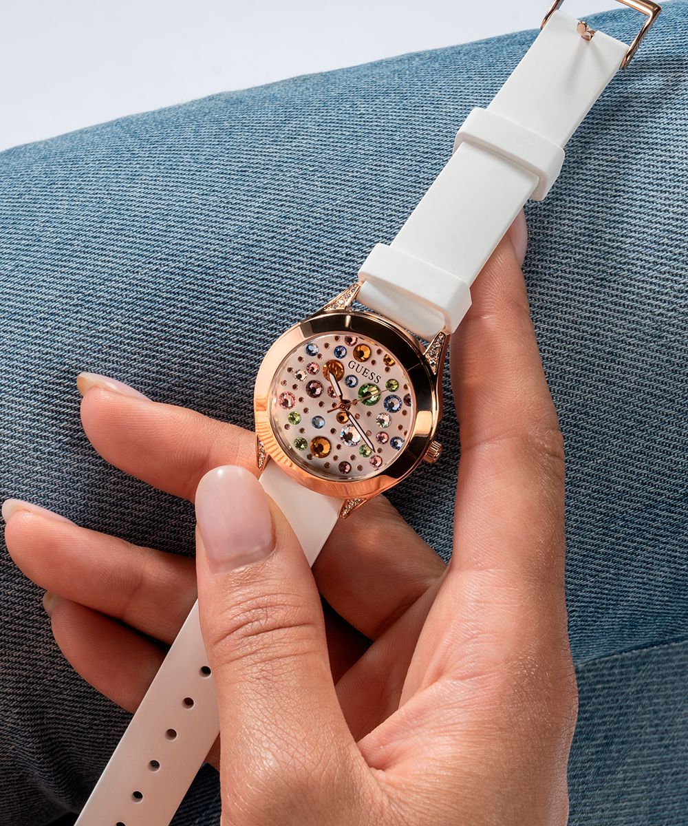 GUESS Ladies White Rose Gold Tone Analog Watch